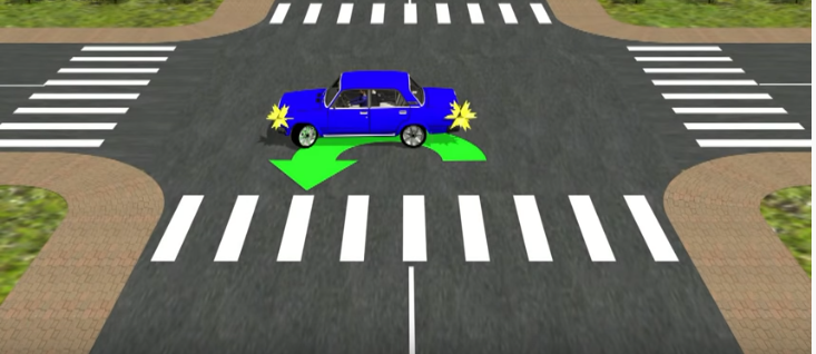 синий авто движется на встречном направление на перекрестке
